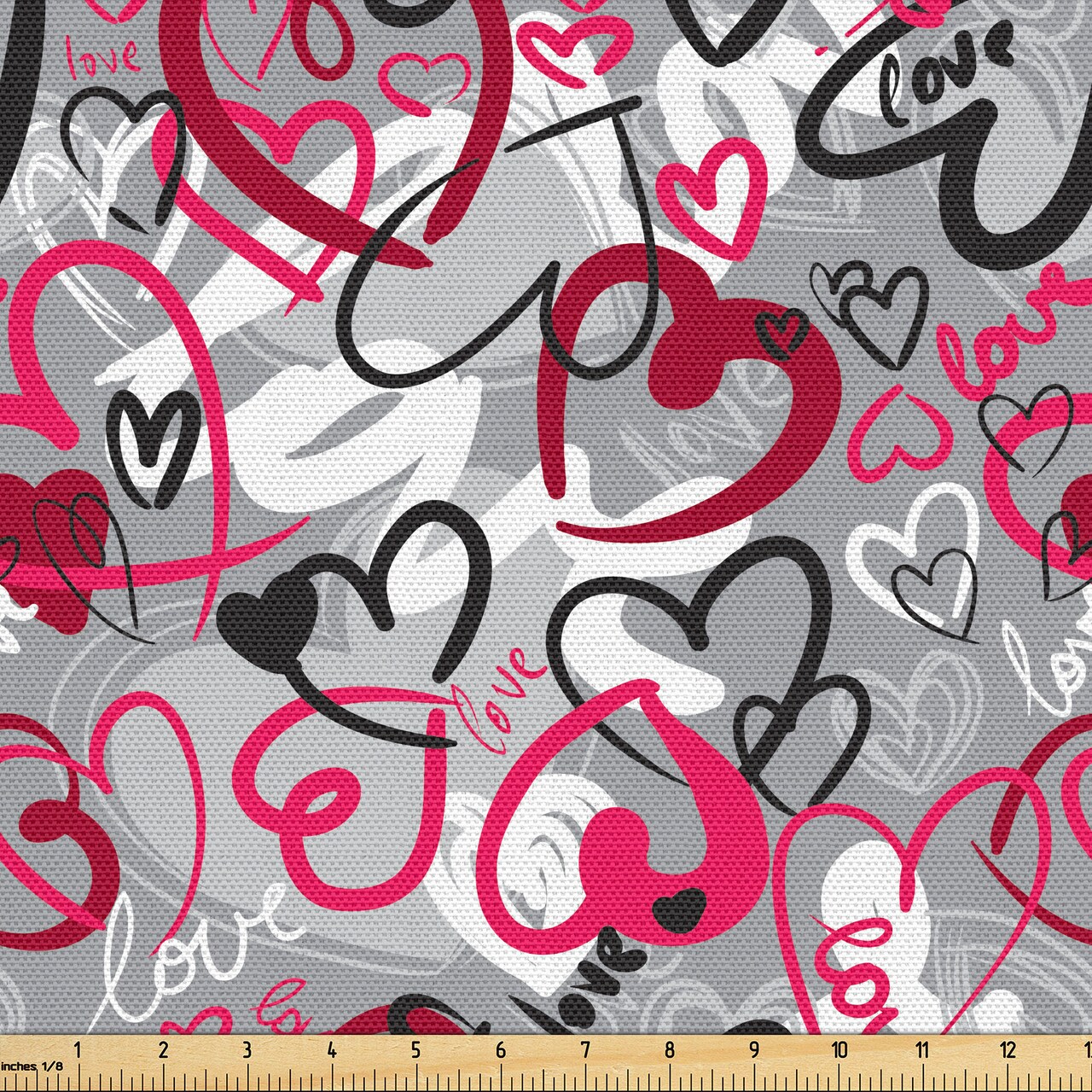Ambesonne Love Fabric by the Yard, Romantic Random Hand Drawn Style Hearts and Love Words Crazy Romance Valentines, Decorative Fabric for Upholstery and Home Accents, 5 Yards, Red Grey